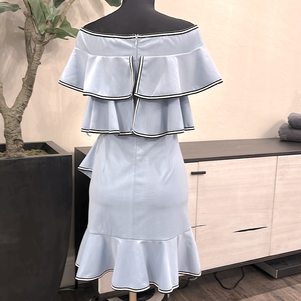 ANTHROPOLOGIE GRACIA Off Shoulder Ruffle Dress Light Blue Trimmed in B/W - Picture 8 of 12